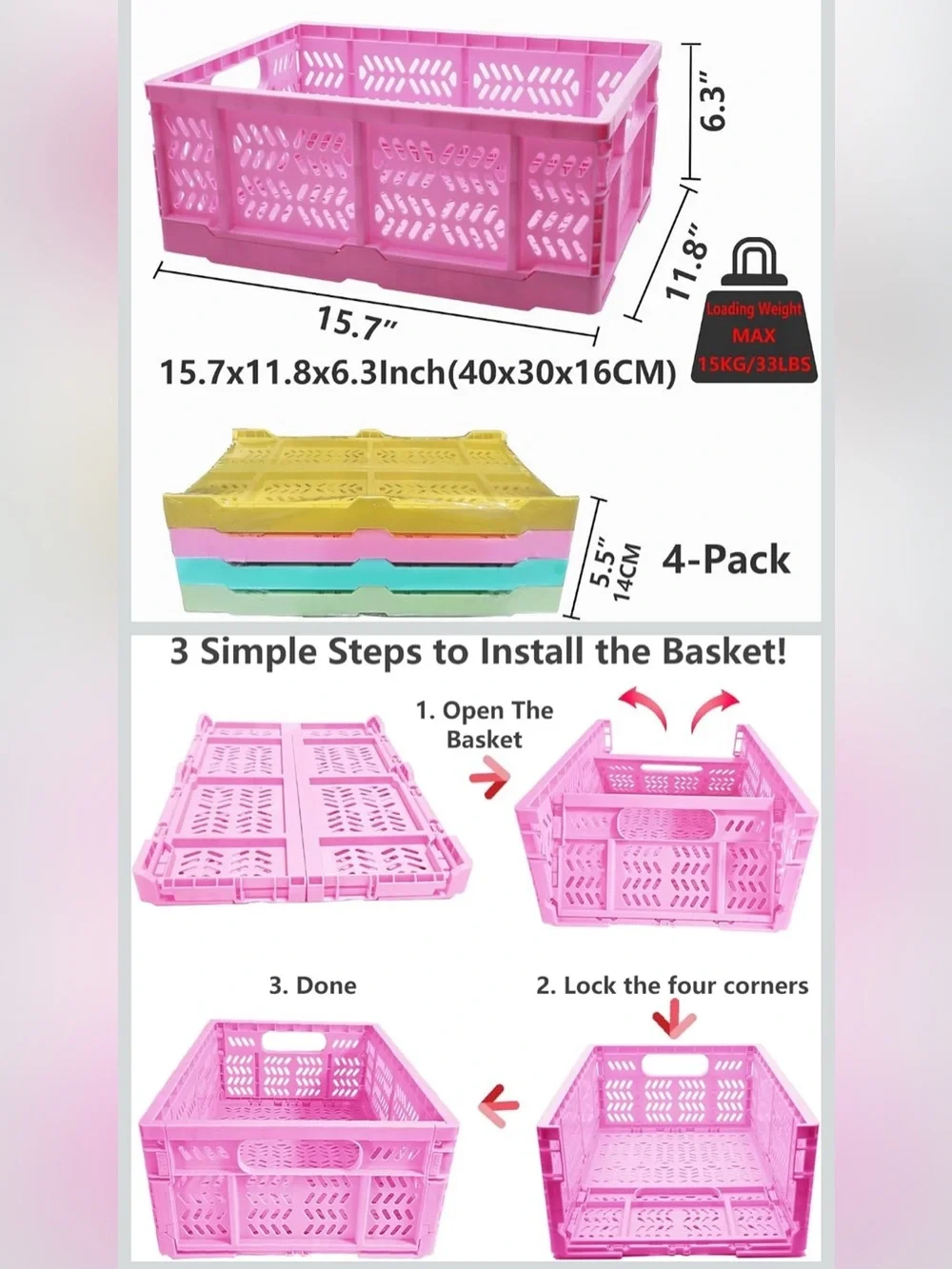 Foldable/Stackable Plastic Storage Baskets - Set of 4